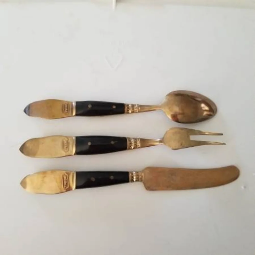 Vintage 3 Piece Siam Thialand Brass/Bronze W Buddha N Rosewood Handle Mini Set